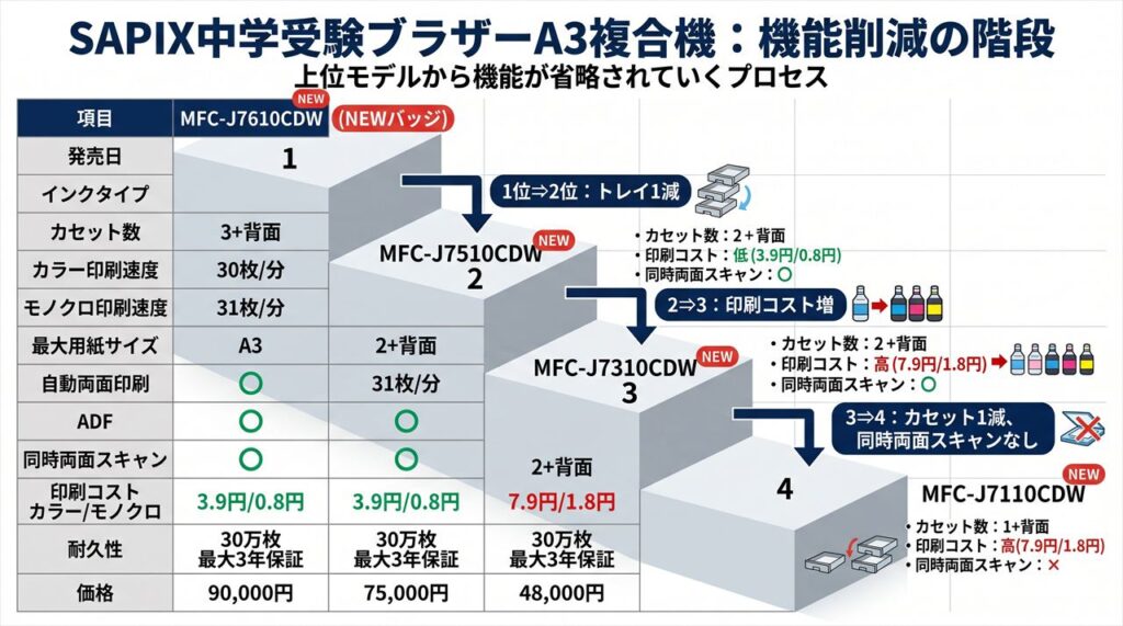 サピックス家庭向け新型ブラザー5機種+旧型の機能段階比較インフォグラフィック