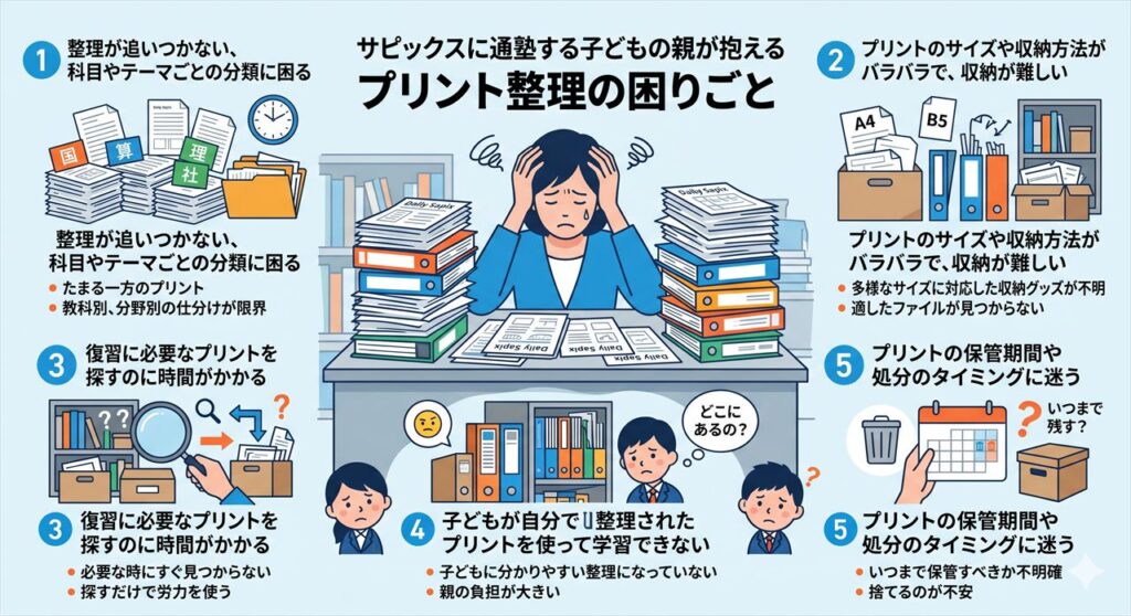 サピックス家庭で発生するプリント整理の5つの困りごと(整理が追いつかない・サイズバラバラ・復習に時間がかかる・自己管理できない・処分タイミング)
