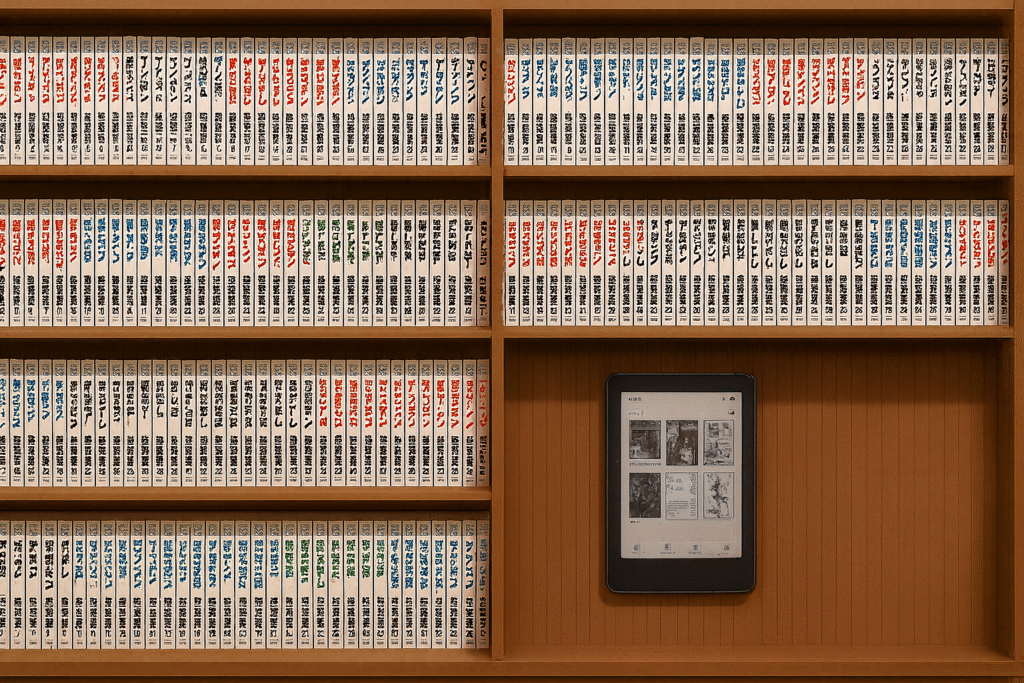 175冊のマンガがぎっしり並んでいるところに、電子書籍リーダがスッキリ1台だけ置かれていて比較を表す。